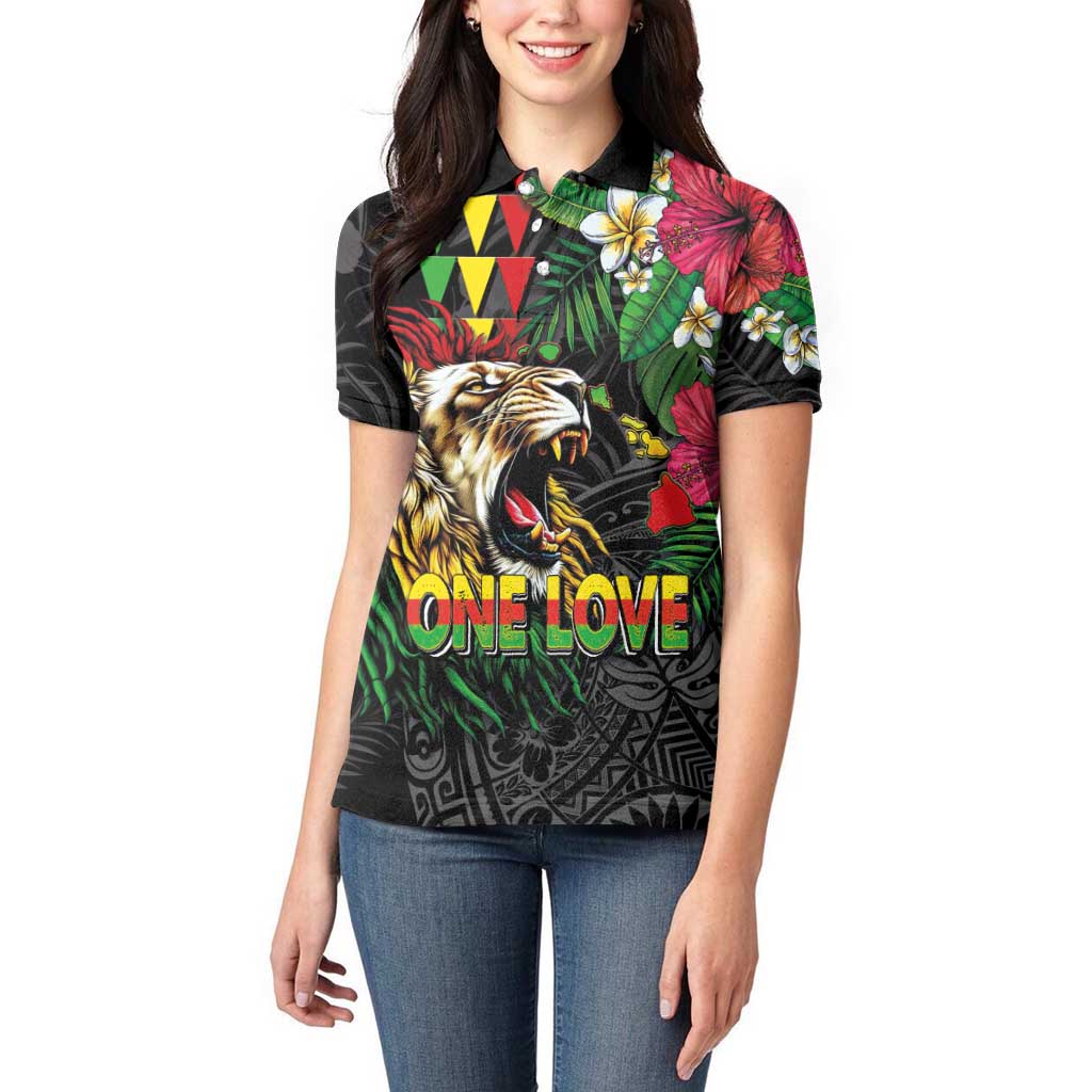 Hawaiian One Love Women Polo Shirt Reggae Lion Tropical Plants and Kakau with Tribal Pattern LT03 - Polynesian Pride