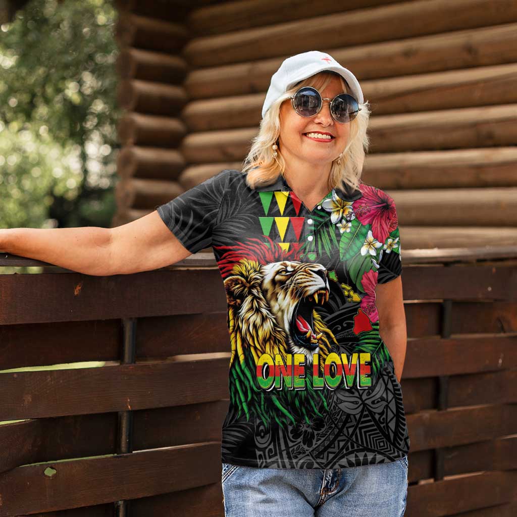 Hawaiian One Love Women Polo Shirt Reggae Lion Tropical Plants and Kakau with Tribal Pattern LT03 - Polynesian Pride