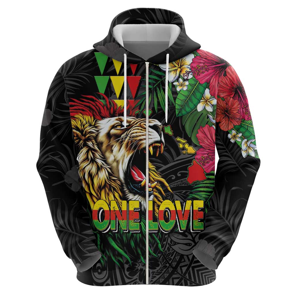 Hawaiian One Love Zip Hoodie Reggae Lion Tropical Plants and Kakau with Tribal Pattern LT03 - Polynesian Pride