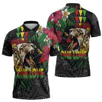 Hawaiian One Love Zipper Polo Shirt Reggae Lion Tropical Plants and Kakau with Tribal Pattern