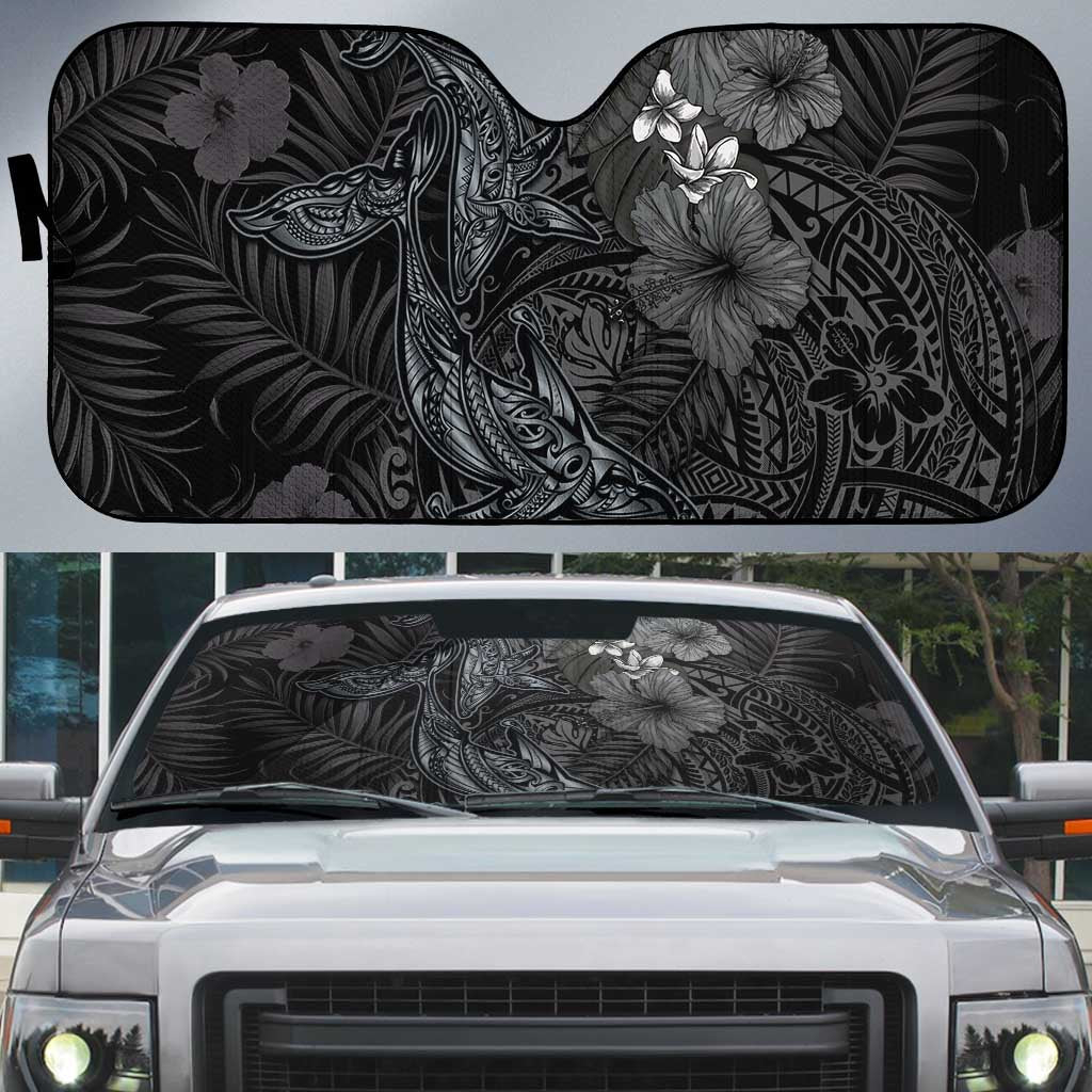 Hawaiian Tropical Plants and Tribal Whales Auto Sun Shade Polynesian Art Tattoo Grayscale