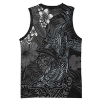 Hawaiian Tropical Plants and Tribal Whales Basketball Jersey Polynesian Art Tattoo Grayscale