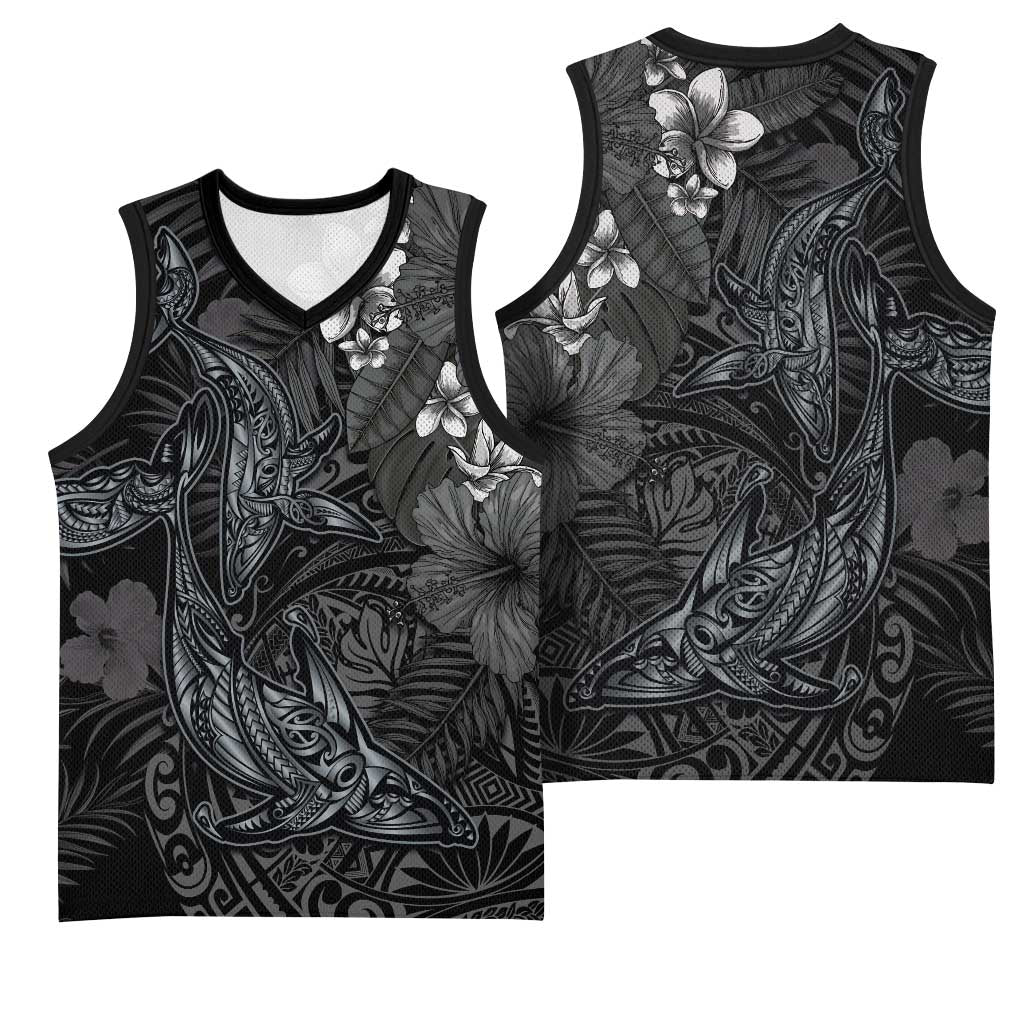 Hawaiian Tropical Plants and Tribal Whales Basketball Jersey Polynesian Art Tattoo Grayscale