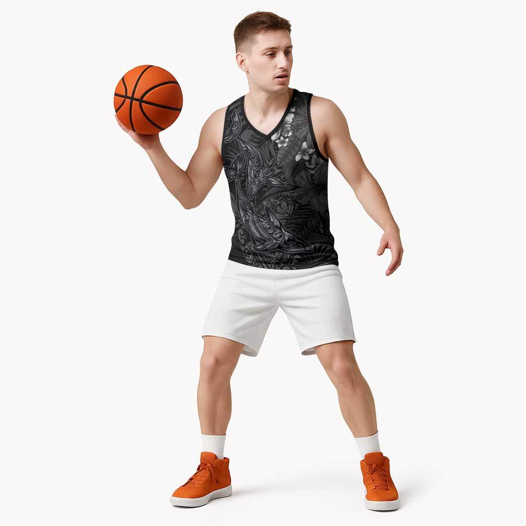 Hawaiian Tropical Plants and Tribal Whales Basketball Jersey Polynesian Art Tattoo Grayscale