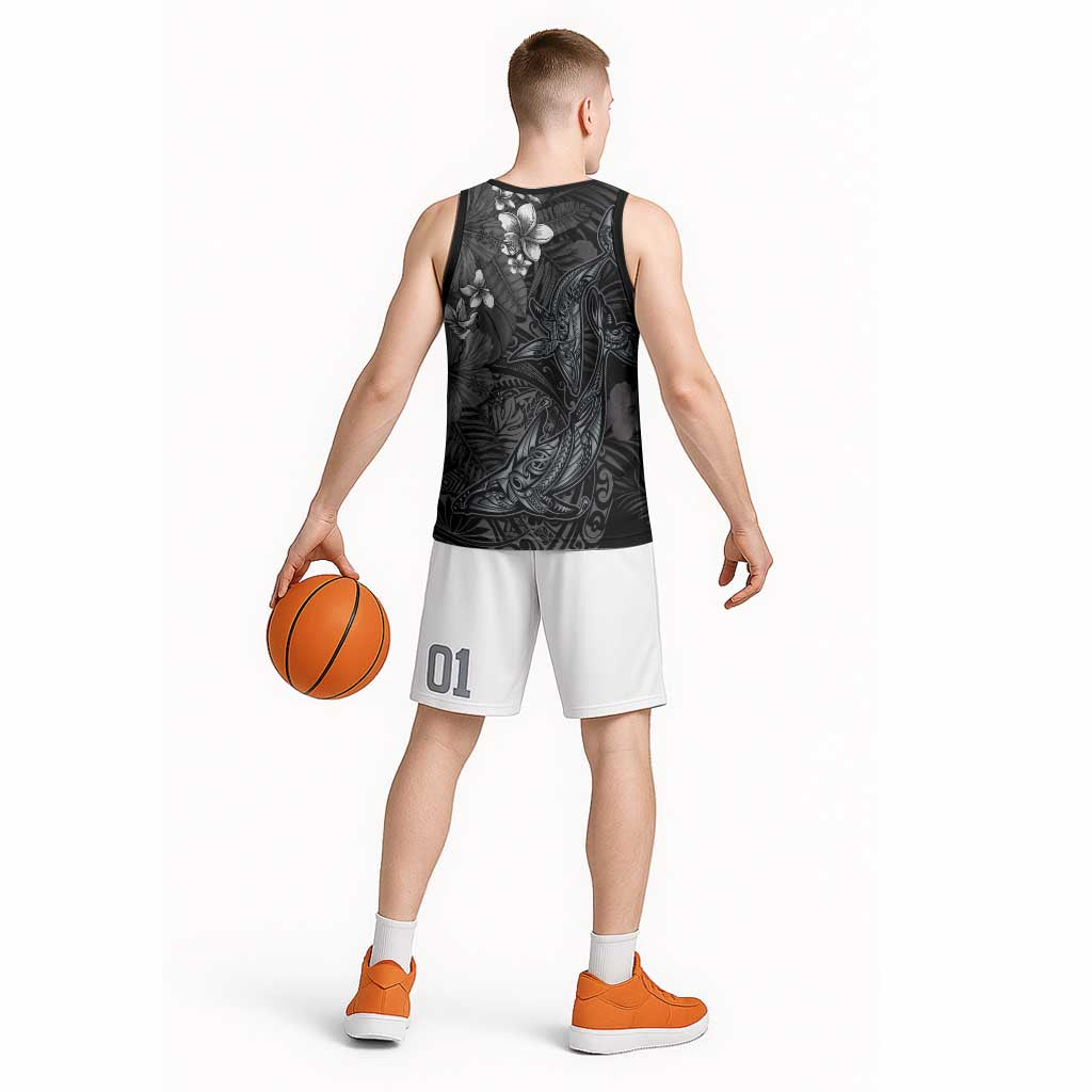 Hawaiian Tropical Plants and Tribal Whales Basketball Jersey Polynesian Art Tattoo Grayscale