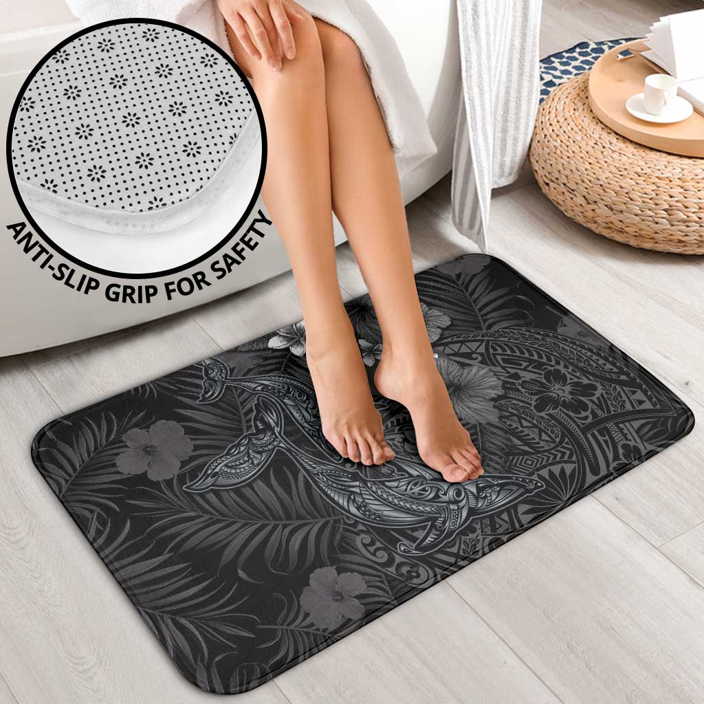 Hawaiian Tropical Plants and Tribal Whales Bathroom Set Polynesian Art Tattoo Grayscale