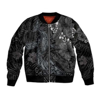 Hawaiian Tropical Plants and Tribal Whales Bomber Jacket Polynesian Art Tattoo Grayscale