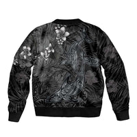 Hawaiian Tropical Plants and Tribal Whales Bomber Jacket Polynesian Art Tattoo Grayscale
