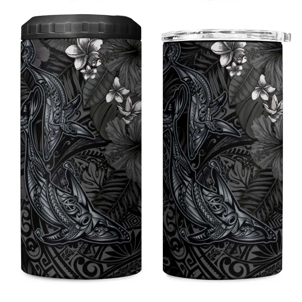 Hawaiian Tropical Plants and Tribal Whales 4 in 1 Can Cooler Tumbler Polynesian Art Tattoo Grayscale