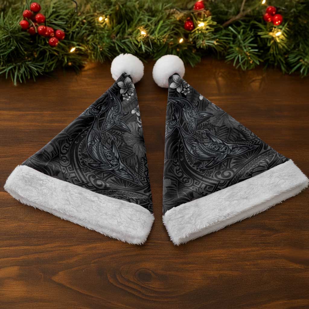 Hawaiian Tropical Plants and Tribal Whales Christmas Santa Hat Polynesian Art Tattoo Grayscale