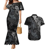 Hawaiian Tropical Plants and Tribal Whales Couples Matching Mermaid Dress and Hawaiian Shirt Polynesian Art Tattoo Grayscale LT03 Black - Polynesian Pride