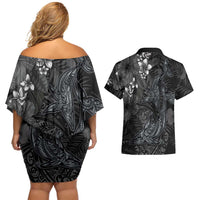 Hawaiian Tropical Plants and Tribal Whales Couples Matching Off Shoulder Short Dress and Hawaiian Shirt Polynesian Art Tattoo Grayscale