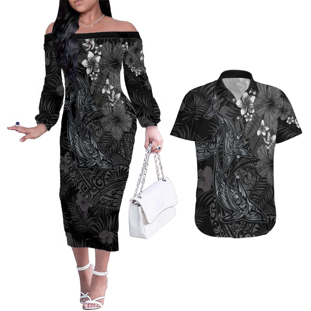 Hawaiian Tropical Plants and Tribal Whales Couples Matching Off The Shoulder Long Sleeve Dress and Hawaiian Shirt Polynesian Art Tattoo Grayscale