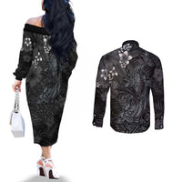 Hawaiian Tropical Plants and Tribal Whales Couples Matching Off The Shoulder Long Sleeve Dress and Long Sleeve Button Shirt Polynesian Art Tattoo Grayscale
