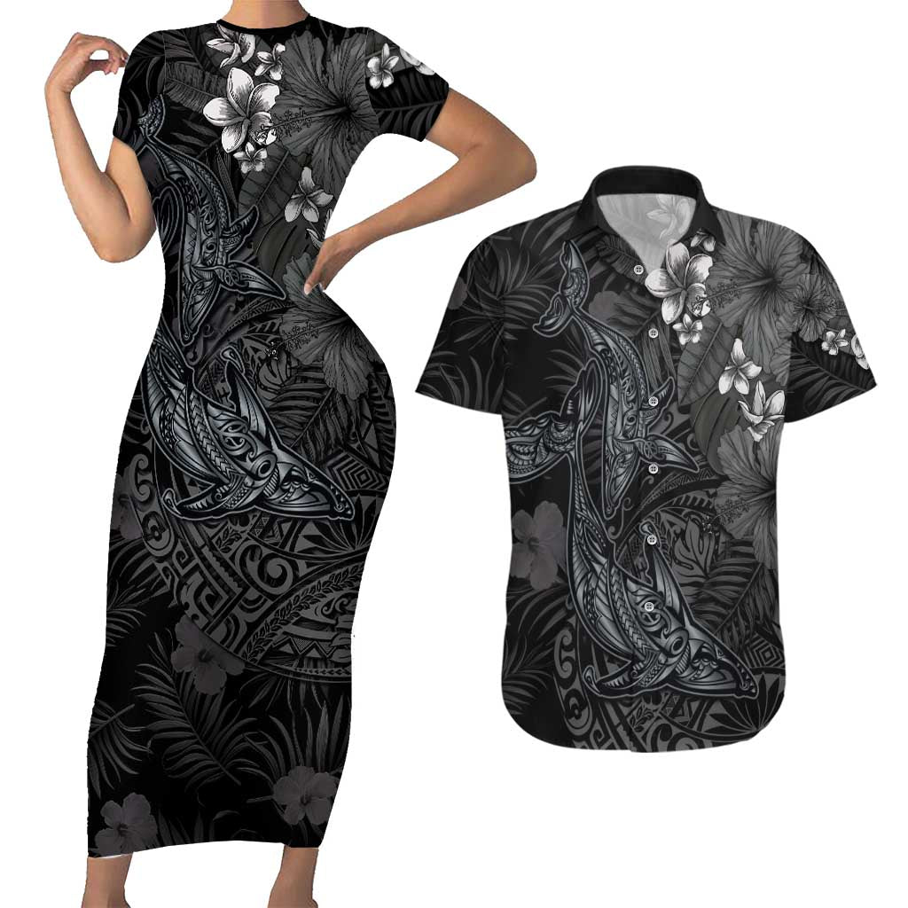 Hawaiian Tropical Plants and Tribal Whales Couples Matching Short Sleeve Bodycon Dress and Hawaiian Shirt Polynesian Art Tattoo Grayscale