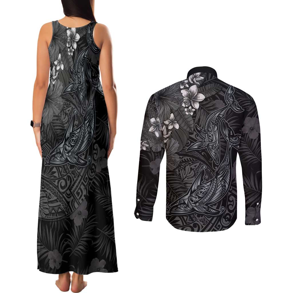 Hawaiian Tropical Plants and Tribal Whales Couples Matching Tank Maxi Dress and Long Sleeve Button Shirt Polynesian Art Tattoo Grayscale