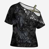 Hawaiian Tropical Plants and Tribal Whales Cross Shoulder Shirt Polynesian Art Tattoo Grayscale