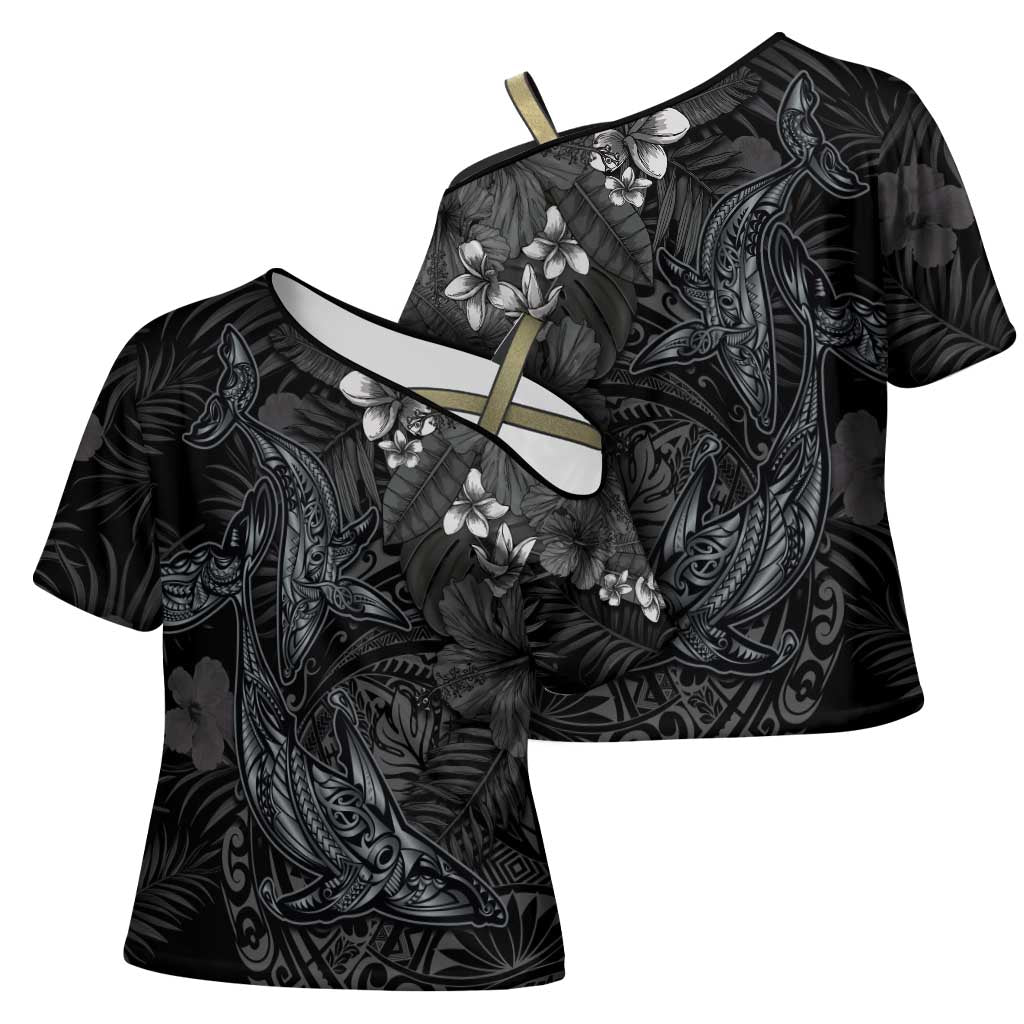 Hawaiian Tropical Plants and Tribal Whales Cross Shoulder Shirt Polynesian Art Tattoo Grayscale