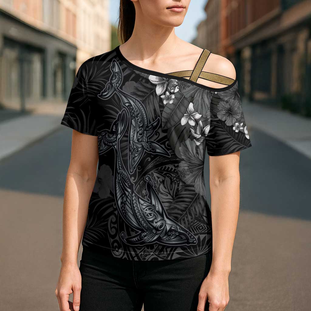 Hawaiian Tropical Plants and Tribal Whales Cross Shoulder Shirt Polynesian Art Tattoo Grayscale