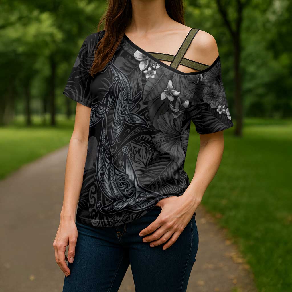 Hawaiian Tropical Plants and Tribal Whales Cross Shoulder Shirt Polynesian Art Tattoo Grayscale