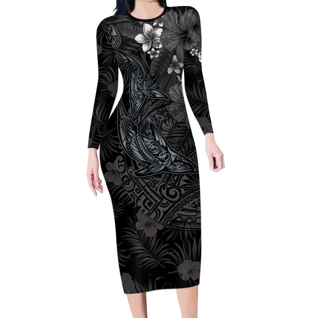 Hawaiian Tropical Plants and Tribal Whales Family Matching Long Sleeve Bodycon Dress and Hawaiian Shirt Polynesian Art Tattoo Grayscale
