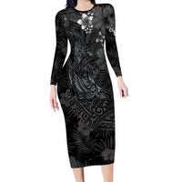 Hawaiian Tropical Plants and Tribal Whales Family Matching Long Sleeve Bodycon Dress and Hawaiian Shirt Polynesian Art Tattoo Grayscale