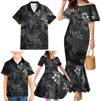 Hawaiian Tropical Plants and Tribal Whales Family Matching Mermaid Dress and Hawaiian Shirt Polynesian Art Tattoo Grayscale