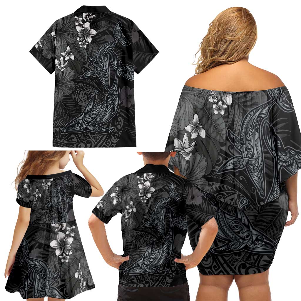 Hawaiian Tropical Plants and Tribal Whales Family Matching Off Shoulder Short Dress and Hawaiian Shirt Polynesian Art Tattoo Grayscale