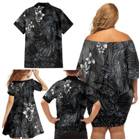 Hawaiian Tropical Plants and Tribal Whales Family Matching Off Shoulder Short Dress and Hawaiian Shirt Polynesian Art Tattoo Grayscale