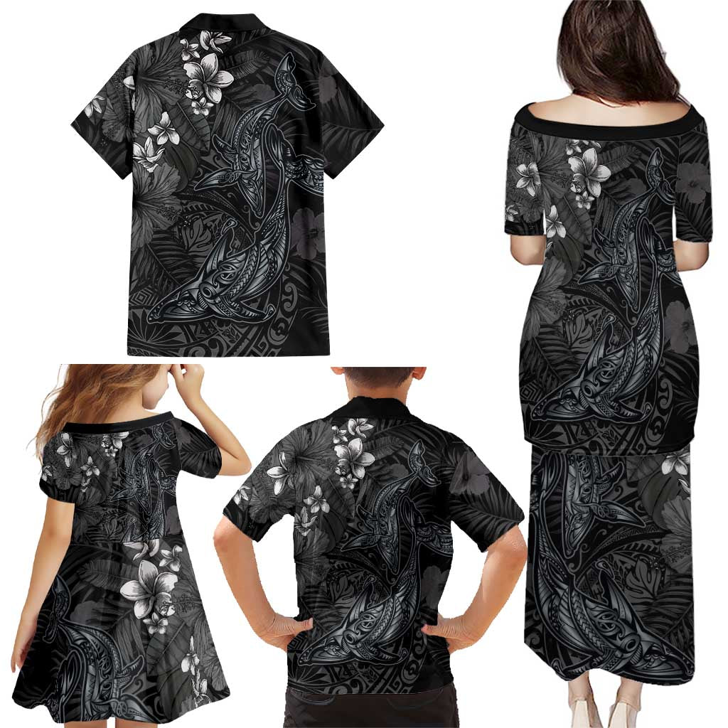 Hawaiian Tropical Plants and Tribal Whales Family Matching Puletasi and Hawaiian Shirt Polynesian Art Tattoo Grayscale