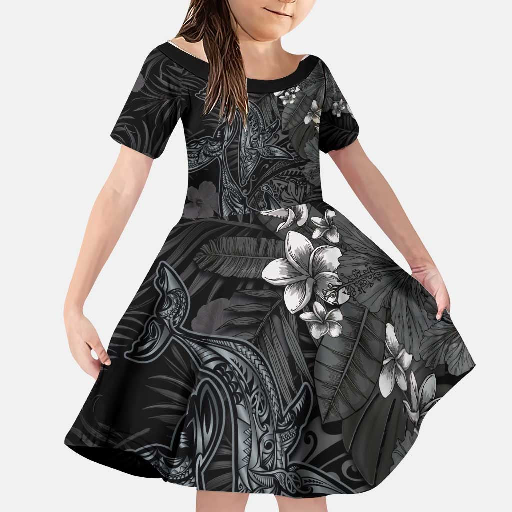 Hawaiian Tropical Plants and Tribal Whales Family Matching Short Sleeve Bodycon Dress and Hawaiian Shirt Polynesian Art Tattoo Grayscale LT03 Daughter's Dress Black - Polynesian Pride