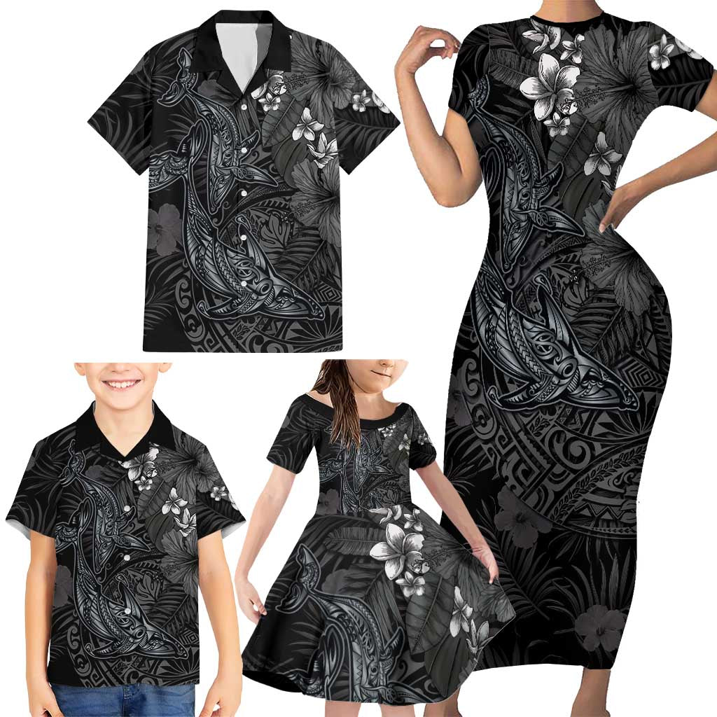 Hawaiian Tropical Plants and Tribal Whales Family Matching Short Sleeve Bodycon Dress and Hawaiian Shirt Polynesian Art Tattoo Grayscale LT03 - Polynesian Pride