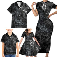 Hawaiian Tropical Plants and Tribal Whales Family Matching Short Sleeve Bodycon Dress and Hawaiian Shirt Polynesian Art Tattoo Grayscale LT03 - Polynesian Pride
