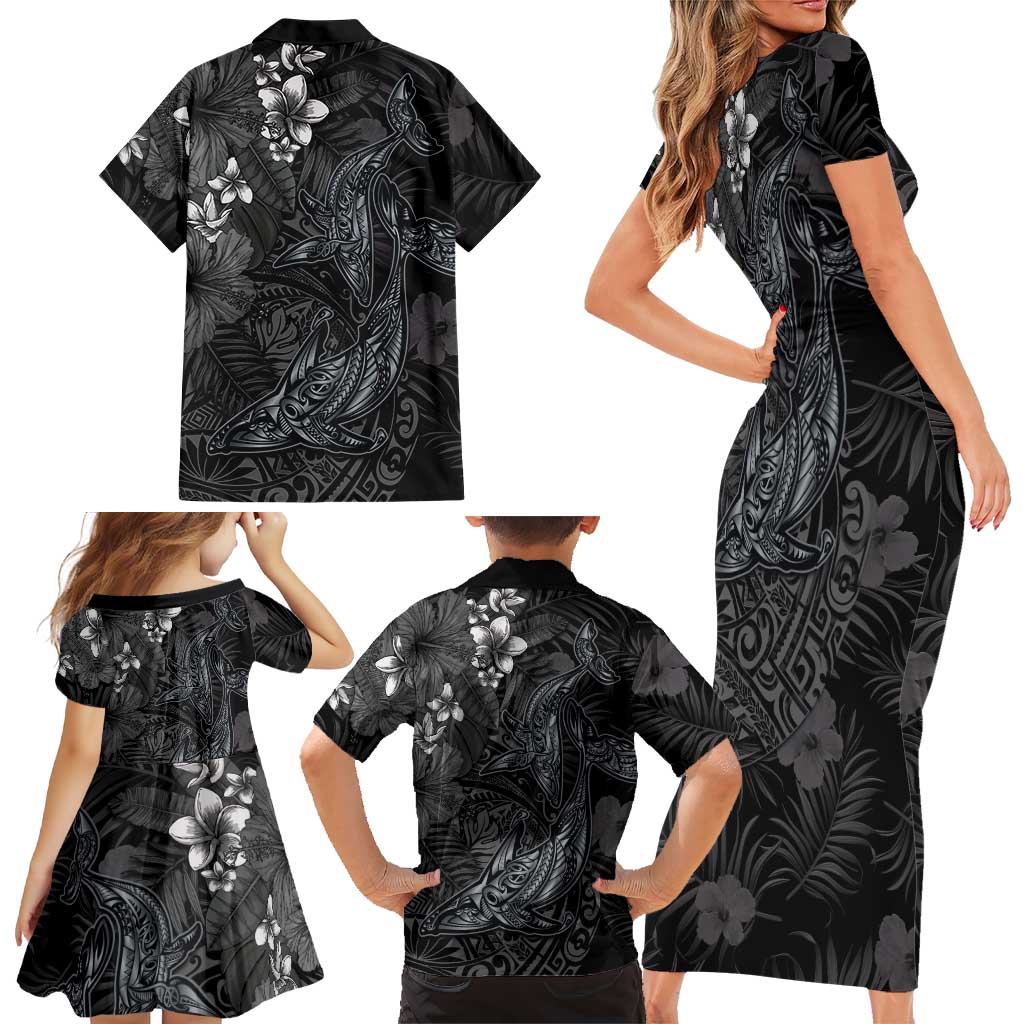 Hawaiian Tropical Plants and Tribal Whales Family Matching Short Sleeve Bodycon Dress and Hawaiian Shirt Polynesian Art Tattoo Grayscale LT03 - Polynesian Pride