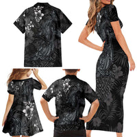 Hawaiian Tropical Plants and Tribal Whales Family Matching Short Sleeve Bodycon Dress and Hawaiian Shirt Polynesian Art Tattoo Grayscale LT03 - Polynesian Pride