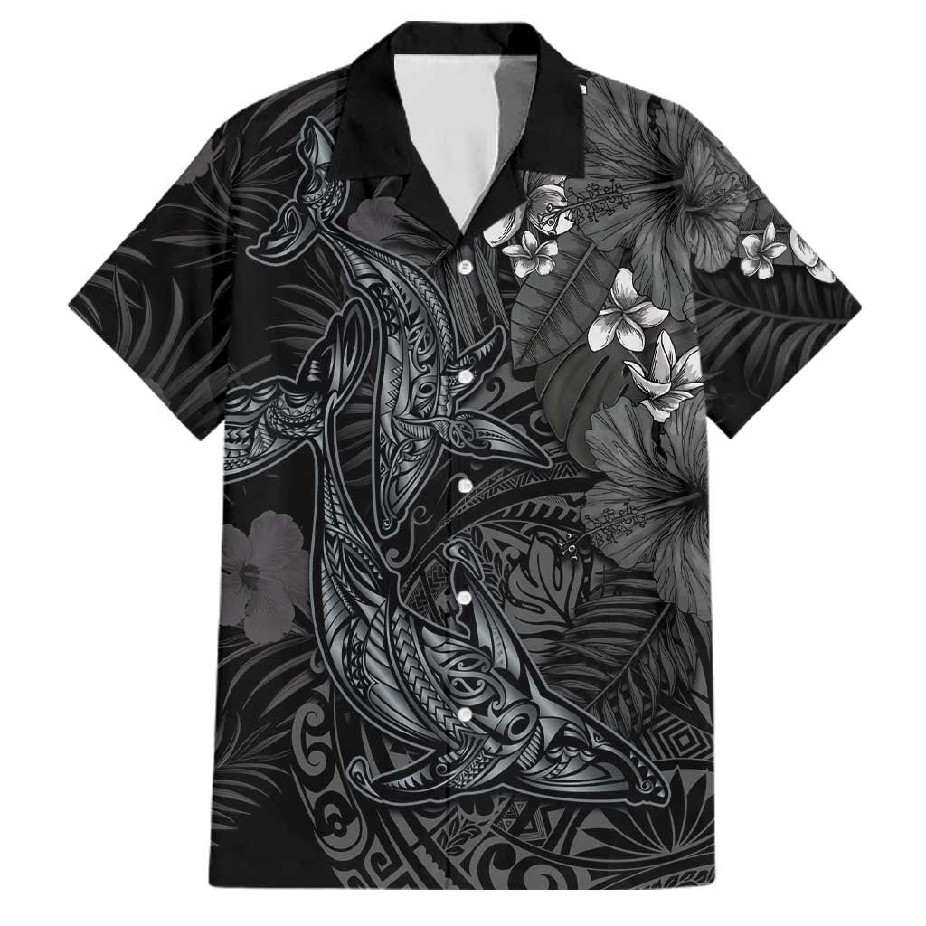 Hawaiian Tropical Plants and Tribal Whales Family Matching Short Sleeve Bodycon Dress and Hawaiian Shirt Polynesian Art Tattoo Grayscale LT03 Dad's Shirt - Short Sleeve Black - Polynesian Pride