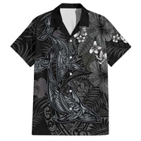 Hawaiian Tropical Plants and Tribal Whales Family Matching Short Sleeve Bodycon Dress and Hawaiian Shirt Polynesian Art Tattoo Grayscale LT03 Dad's Shirt - Short Sleeve Black - Polynesian Pride