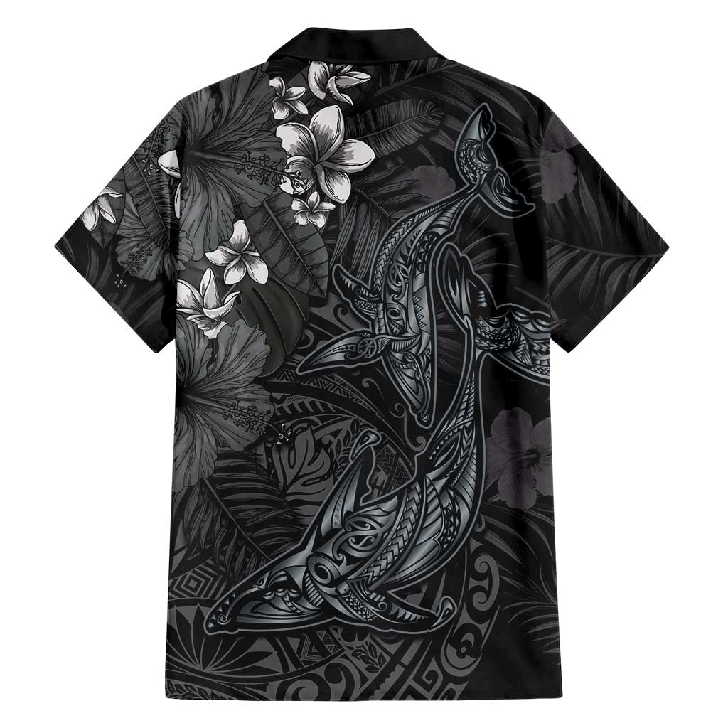Hawaiian Tropical Plants and Tribal Whales Family Matching Short Sleeve Bodycon Dress and Hawaiian Shirt Polynesian Art Tattoo Grayscale LT03 - Polynesian Pride