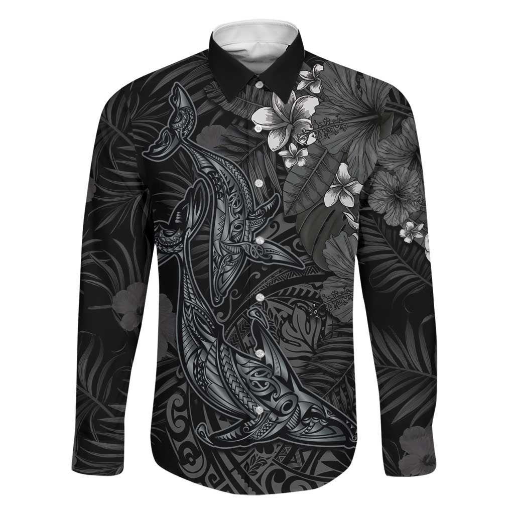 Hawaiian Tropical Plants and Tribal Whales Family Matching Short Sleeve Bodycon Dress and Hawaiian Shirt Polynesian Art Tattoo Grayscale LT03 Dad's Shirt - Long Sleeve Black - Polynesian Pride