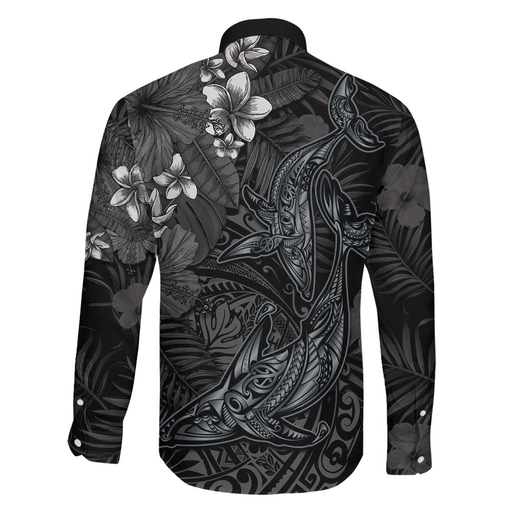 Hawaiian Tropical Plants and Tribal Whales Family Matching Short Sleeve Bodycon Dress and Hawaiian Shirt Polynesian Art Tattoo Grayscale LT03 - Polynesian Pride