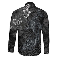 Hawaiian Tropical Plants and Tribal Whales Family Matching Short Sleeve Bodycon Dress and Hawaiian Shirt Polynesian Art Tattoo Grayscale LT03 - Polynesian Pride