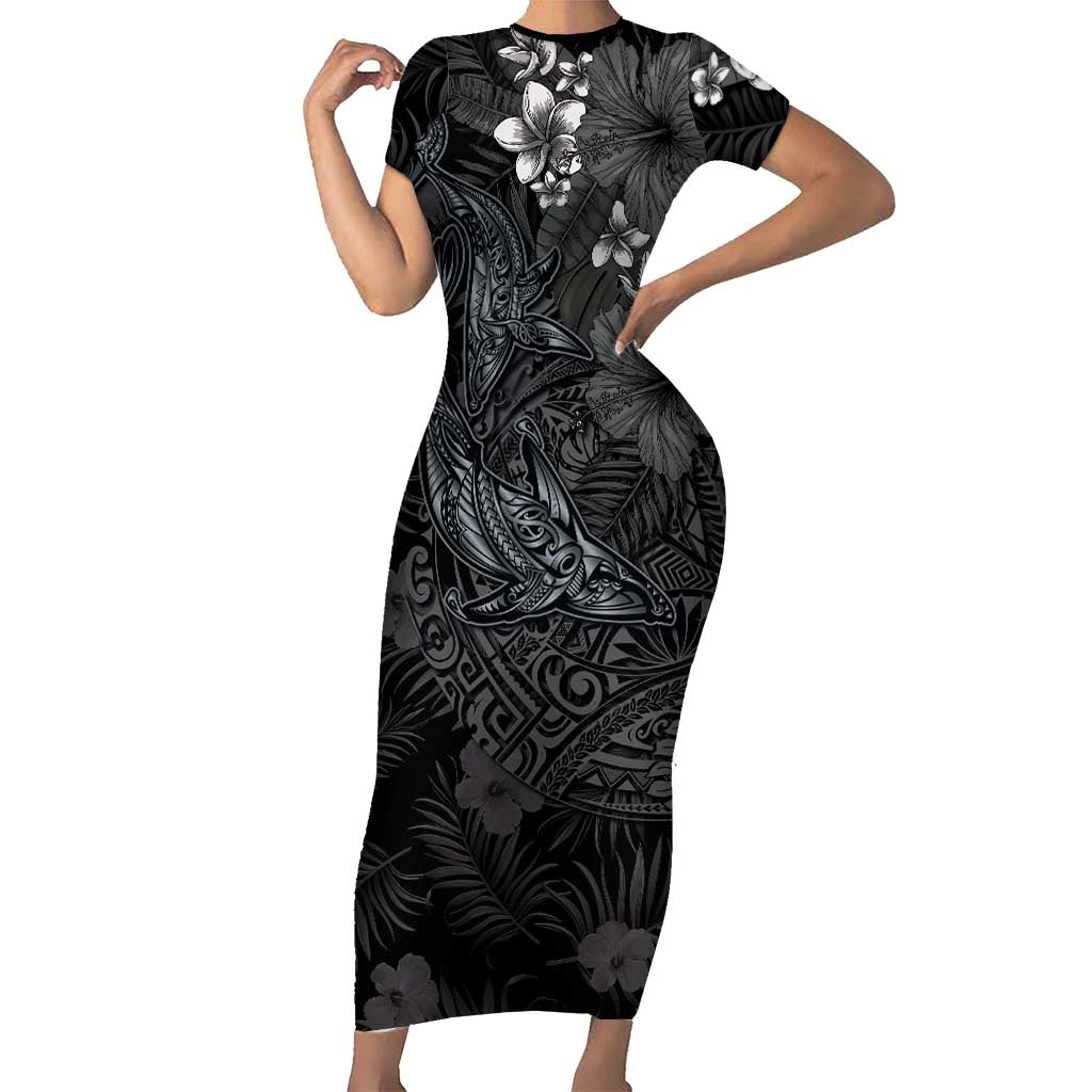 Hawaiian Tropical Plants and Tribal Whales Family Matching Short Sleeve Bodycon Dress and Hawaiian Shirt Polynesian Art Tattoo Grayscale LT03 Mom's Dress Black - Polynesian Pride