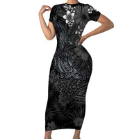 Hawaiian Tropical Plants and Tribal Whales Family Matching Short Sleeve Bodycon Dress and Hawaiian Shirt Polynesian Art Tattoo Grayscale LT03 Mom's Dress Black - Polynesian Pride