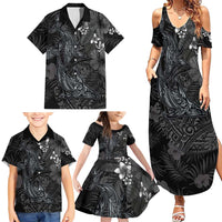 Hawaiian Tropical Plants and Tribal Whales Family Matching Summer Maxi Dress and Hawaiian Shirt Polynesian Art Tattoo Grayscale