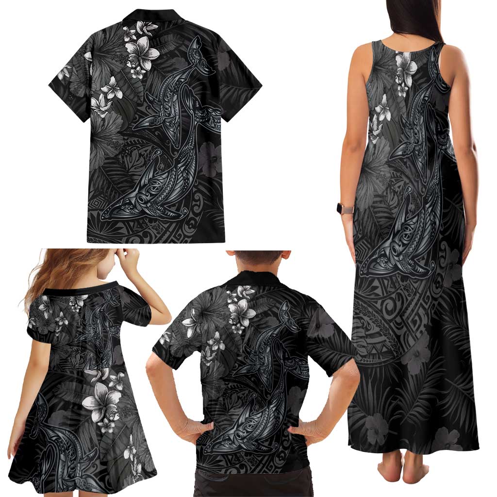 Hawaiian Tropical Plants and Tribal Whales Family Matching Tank Maxi Dress and Hawaiian Shirt Polynesian Art Tattoo Grayscale