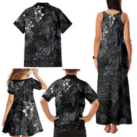 Hawaiian Tropical Plants and Tribal Whales Family Matching Tank Maxi Dress and Hawaiian Shirt Polynesian Art Tattoo Grayscale