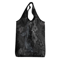Hawaiian Tropical Plants and Tribal Whales Grocery Bag Polynesian Art Tattoo Grayscale
