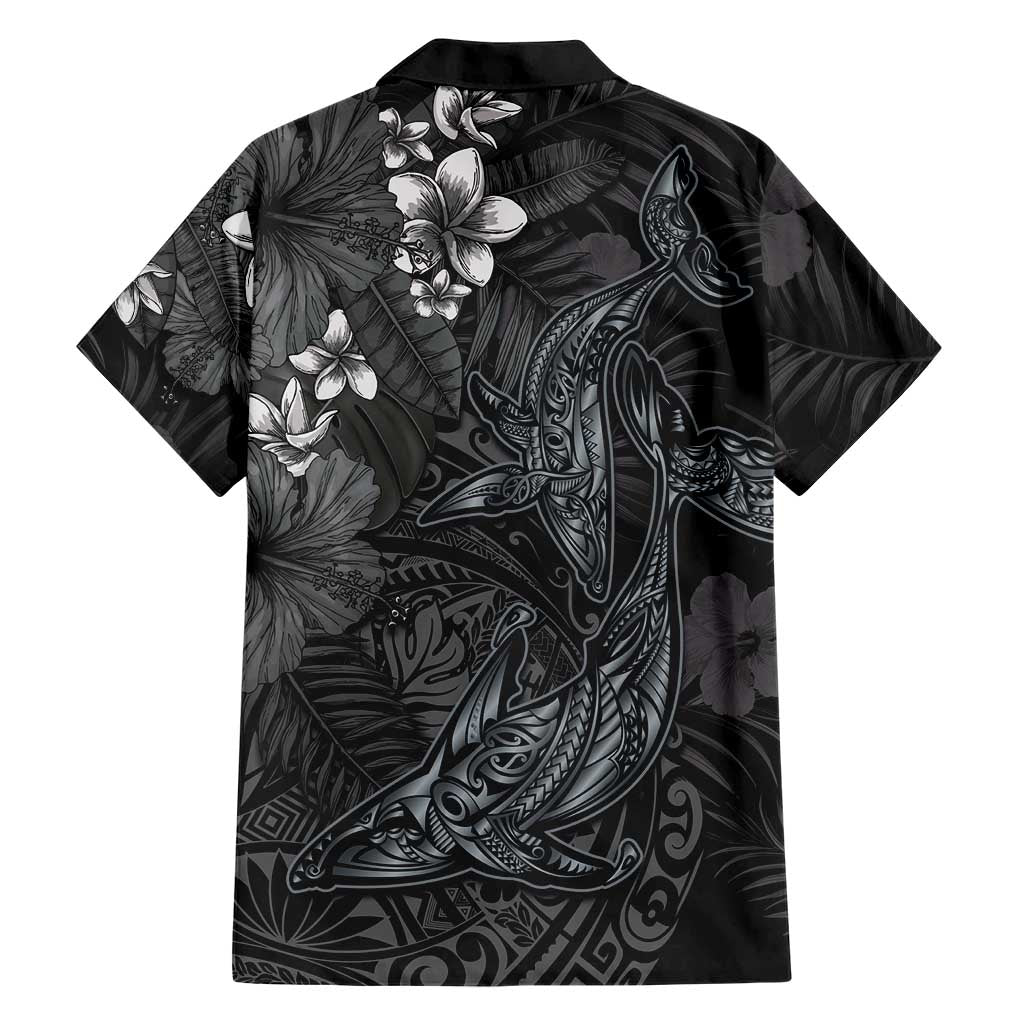 Hawaiian Tropical Plants and Tribal Whales Hawaiian Shirt Polynesian Art Tattoo Grayscale