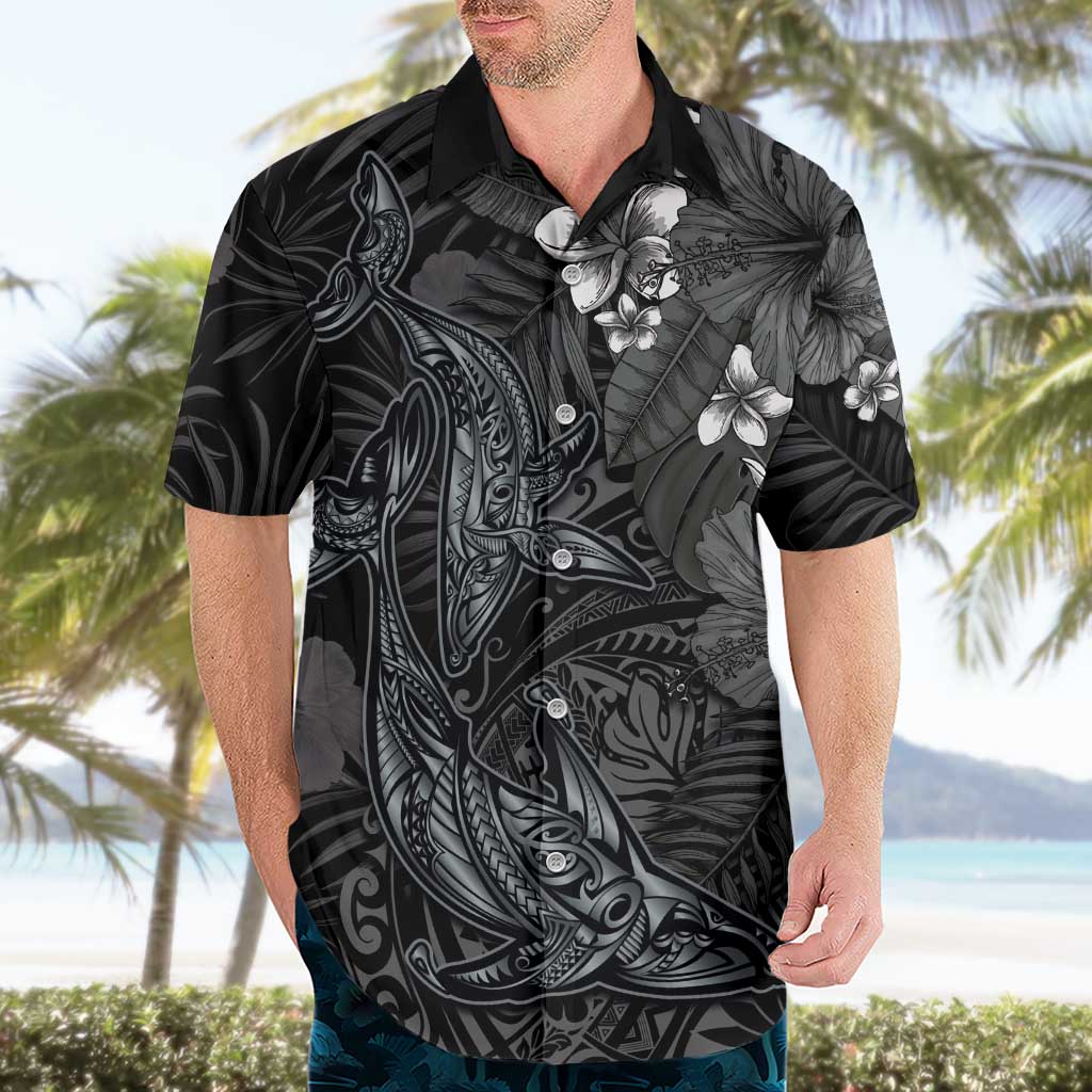 Hawaiian Tropical Plants and Tribal Whales Hawaiian Shirt Polynesian Art Tattoo Grayscale