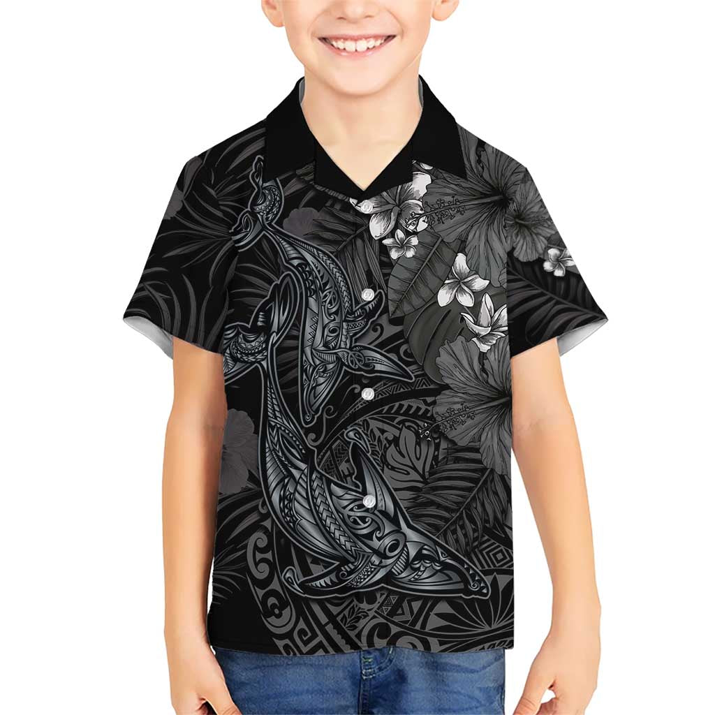 Hawaiian Tropical Plants and Tribal Whales Hawaiian Shirt Polynesian Art Tattoo Grayscale